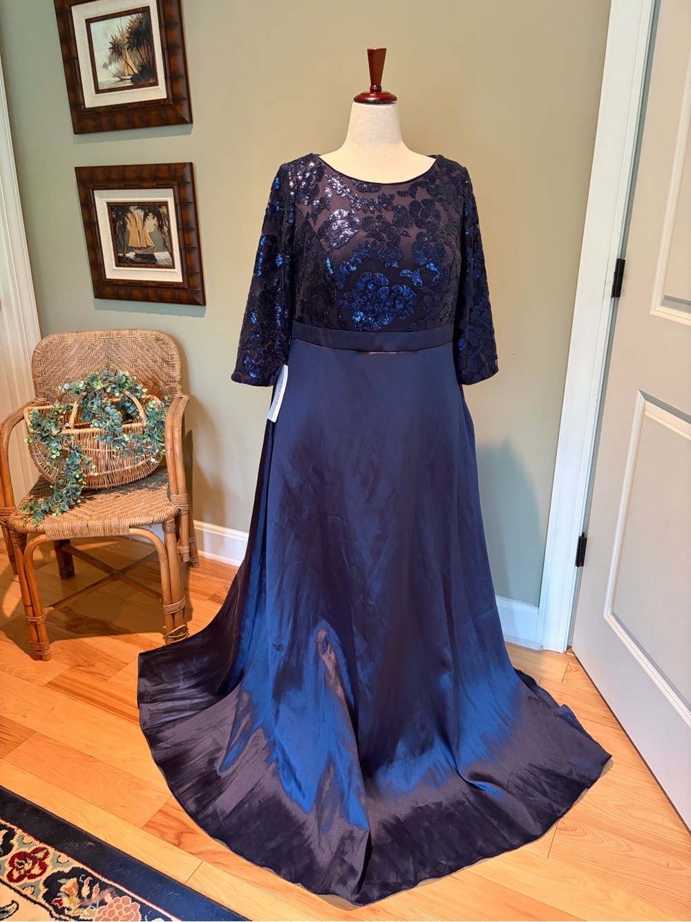 Azazie Elegant Navy Sequin Bodice Satin Evening Gown/Mother of the Bride Dress - Picture 6 of 16